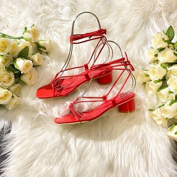 ZARA RED LOW HEEL STRAPS SANDALS - Picture 3 of 9